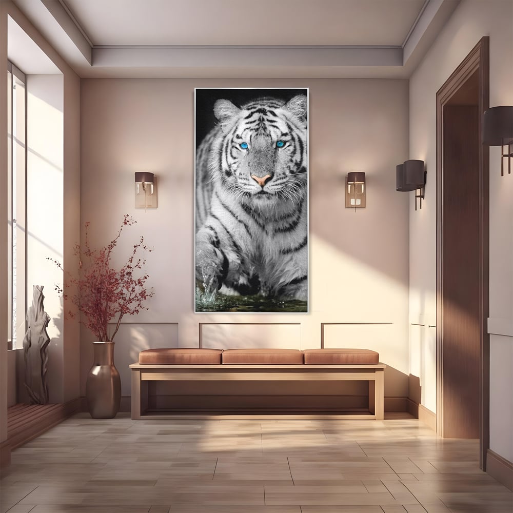 Tablou canvas cu tablou canvas cu tigru alb, in rama de aluminiu argintiu